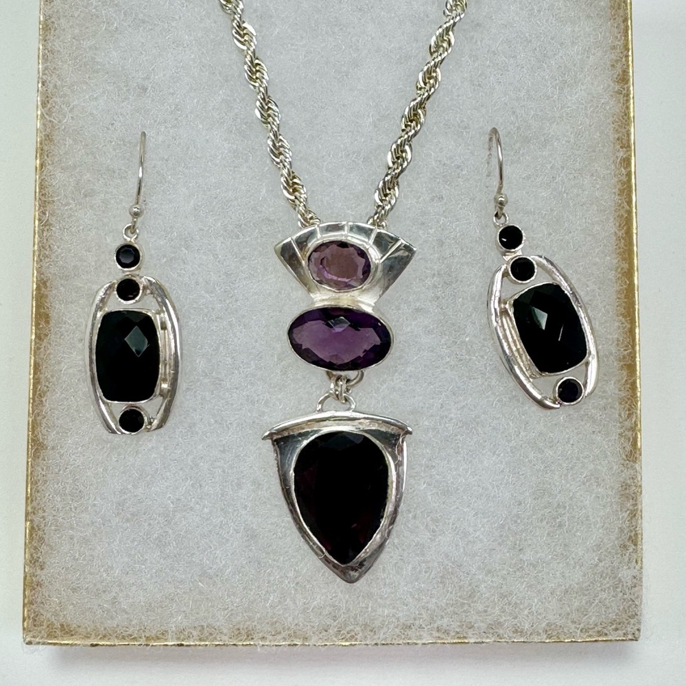 Amethyst and Black Spinel necklace and earring set in Silver.